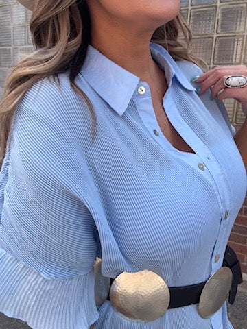 Pretty Pony Pleated Shirt Dress- Sky Blue