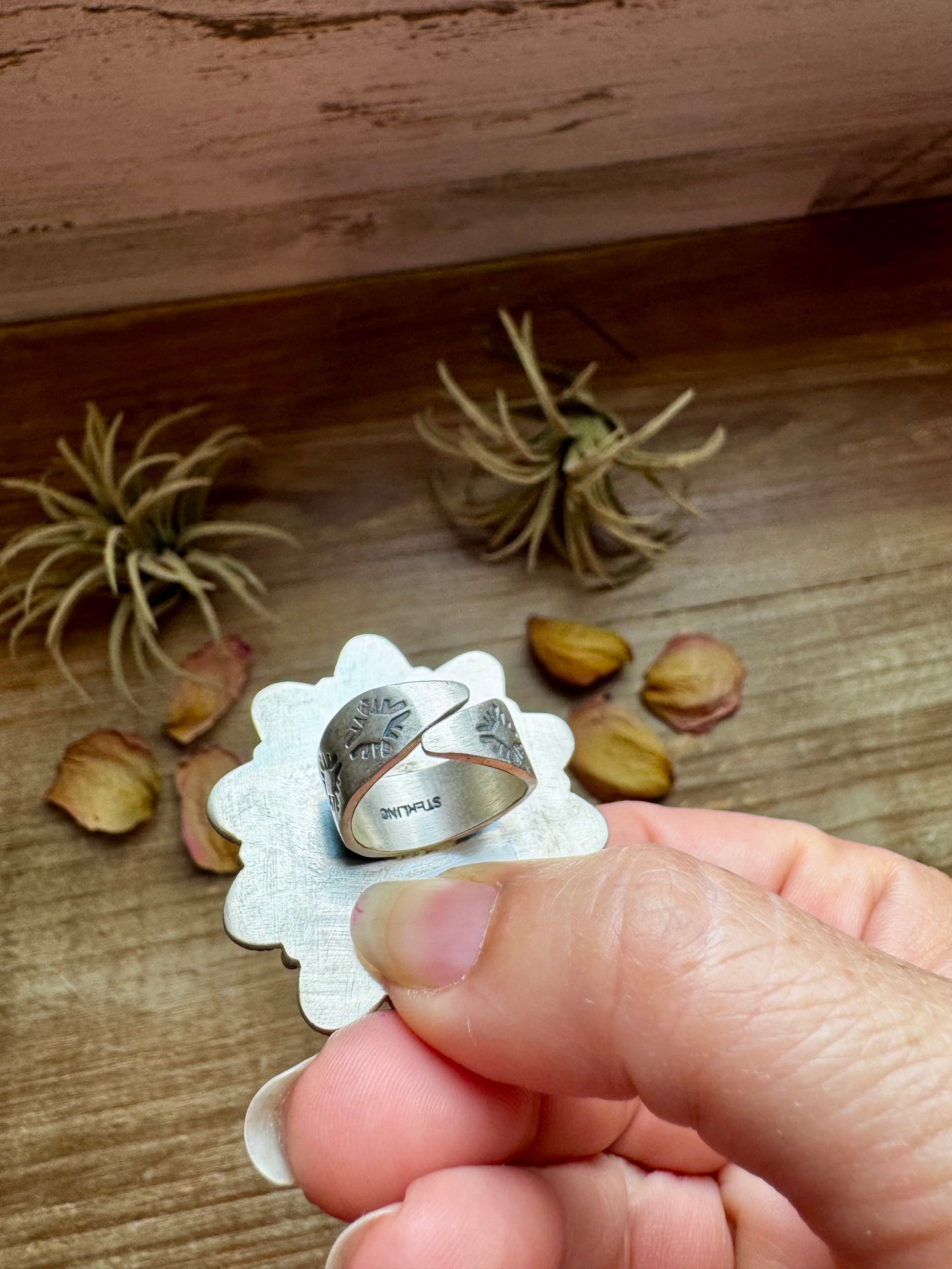 Mojave Spiny & Turquoise Flower Adjustable Ring – Sterling Silver, Made in USA