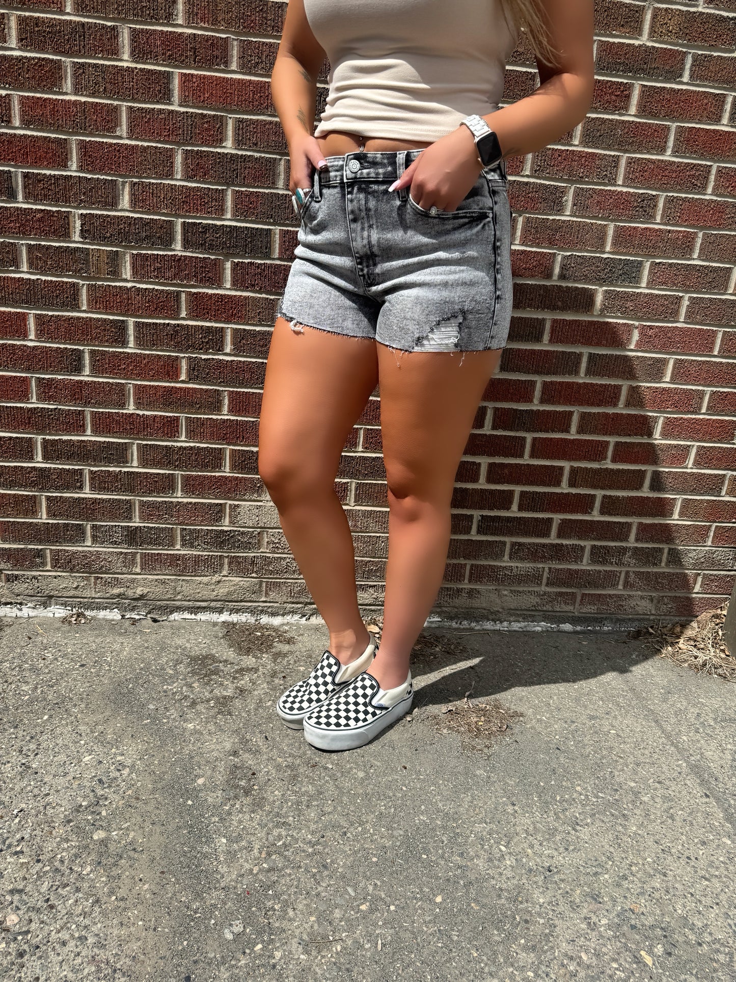 Day Cruise Grey High Rise Acid Wash Denim Shorts
