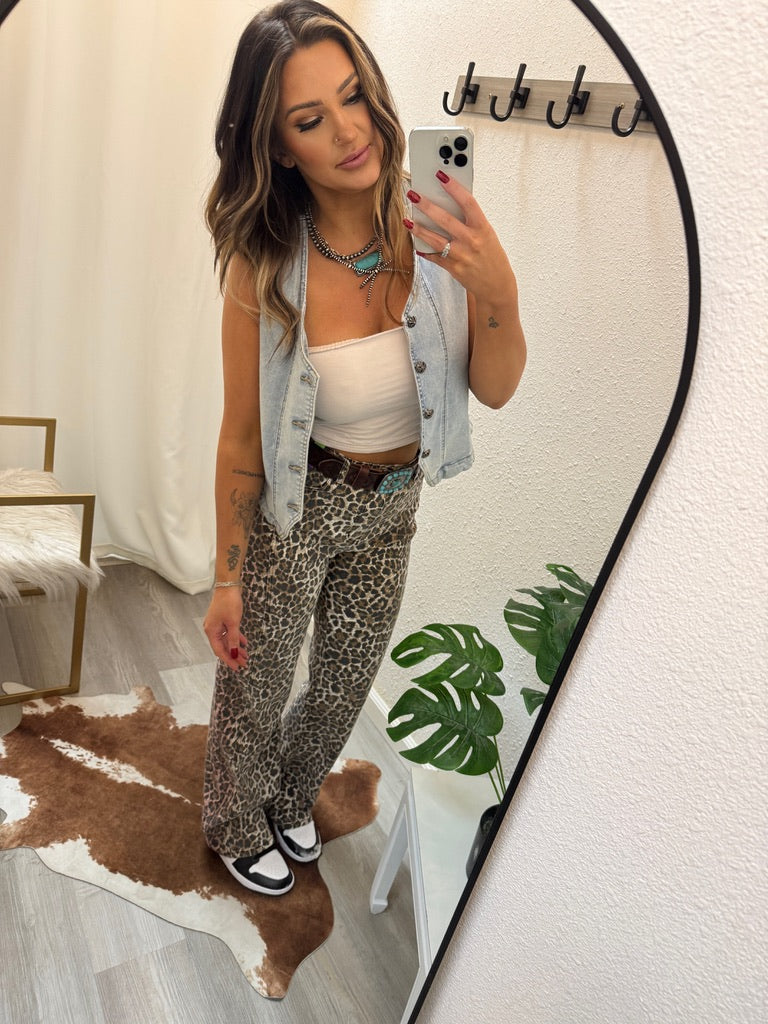 Wyld Thing Leopard Print Wide Leg Denim Pant
