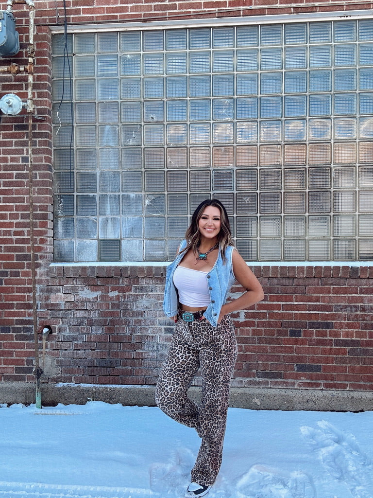 Wyld Thing Leopard Print Wide Leg Denim Pant