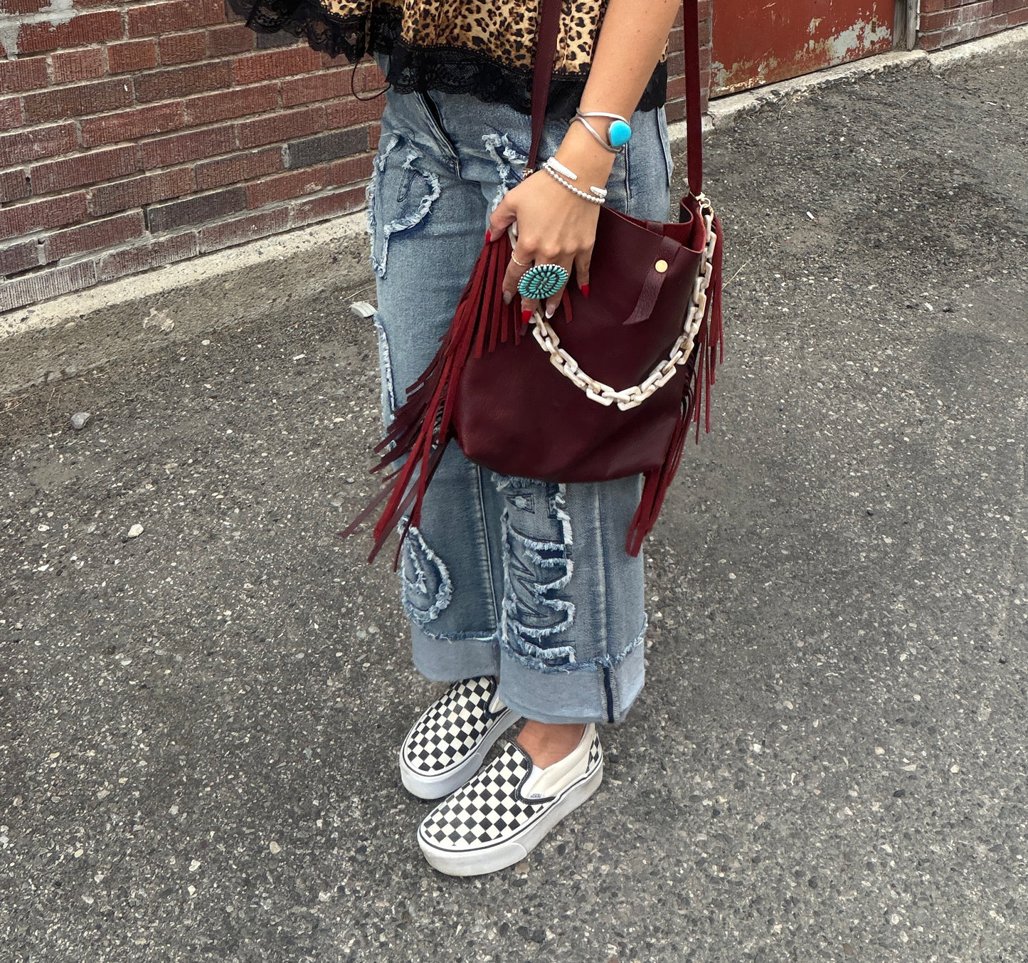 Red Roan Leather Fringe Crossbody Bag - Ruby Red