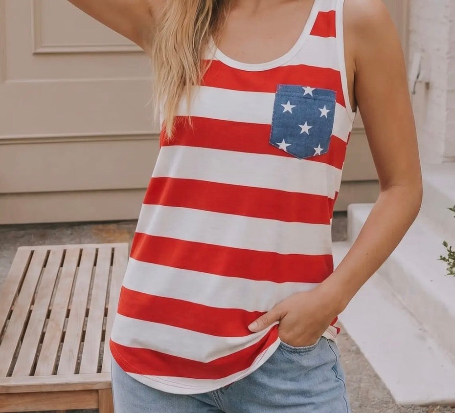 Sassy and Spangled Stripe Tank Star Pocket