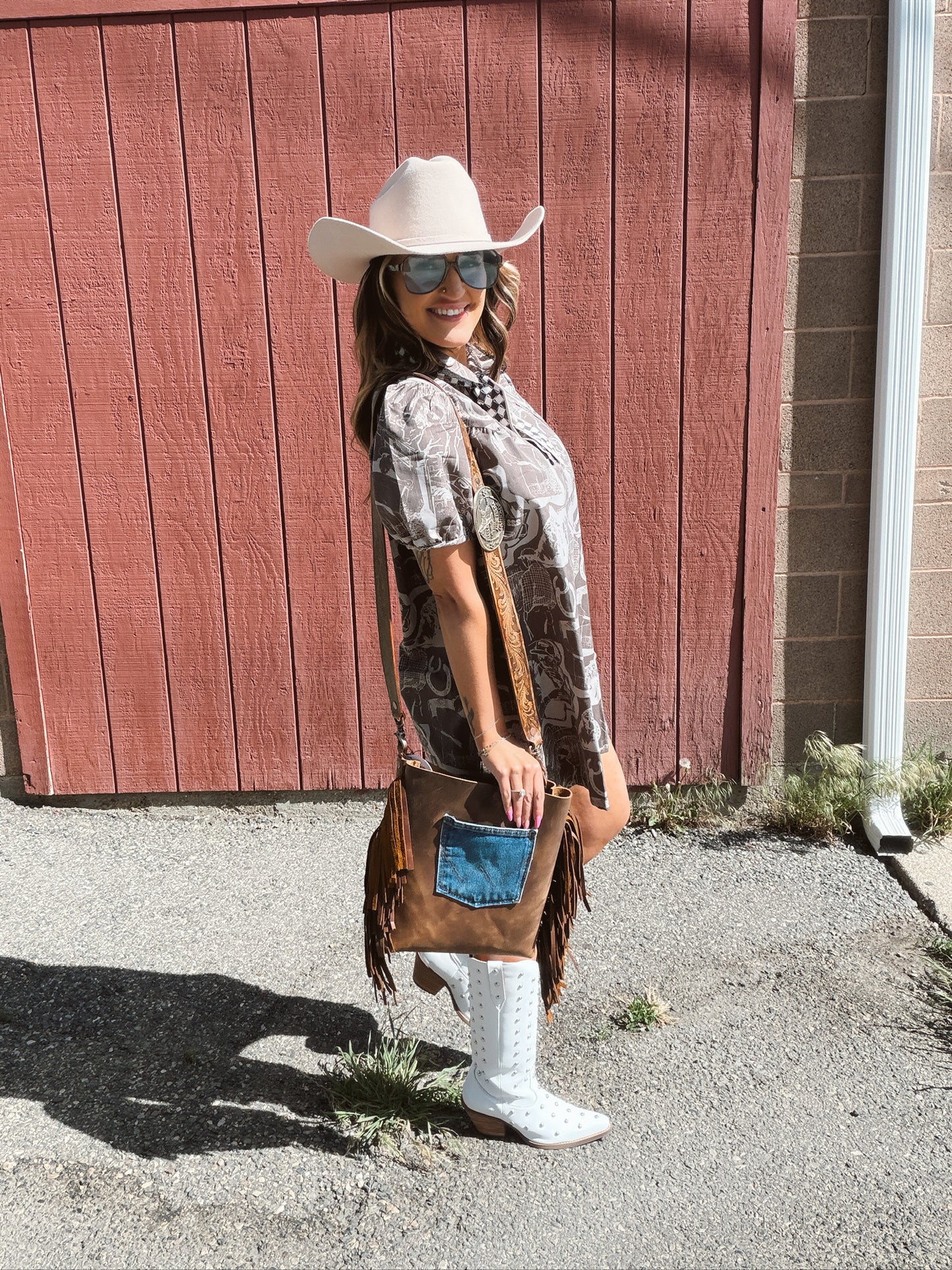 Ranchy Patterned Button Dress- Grey