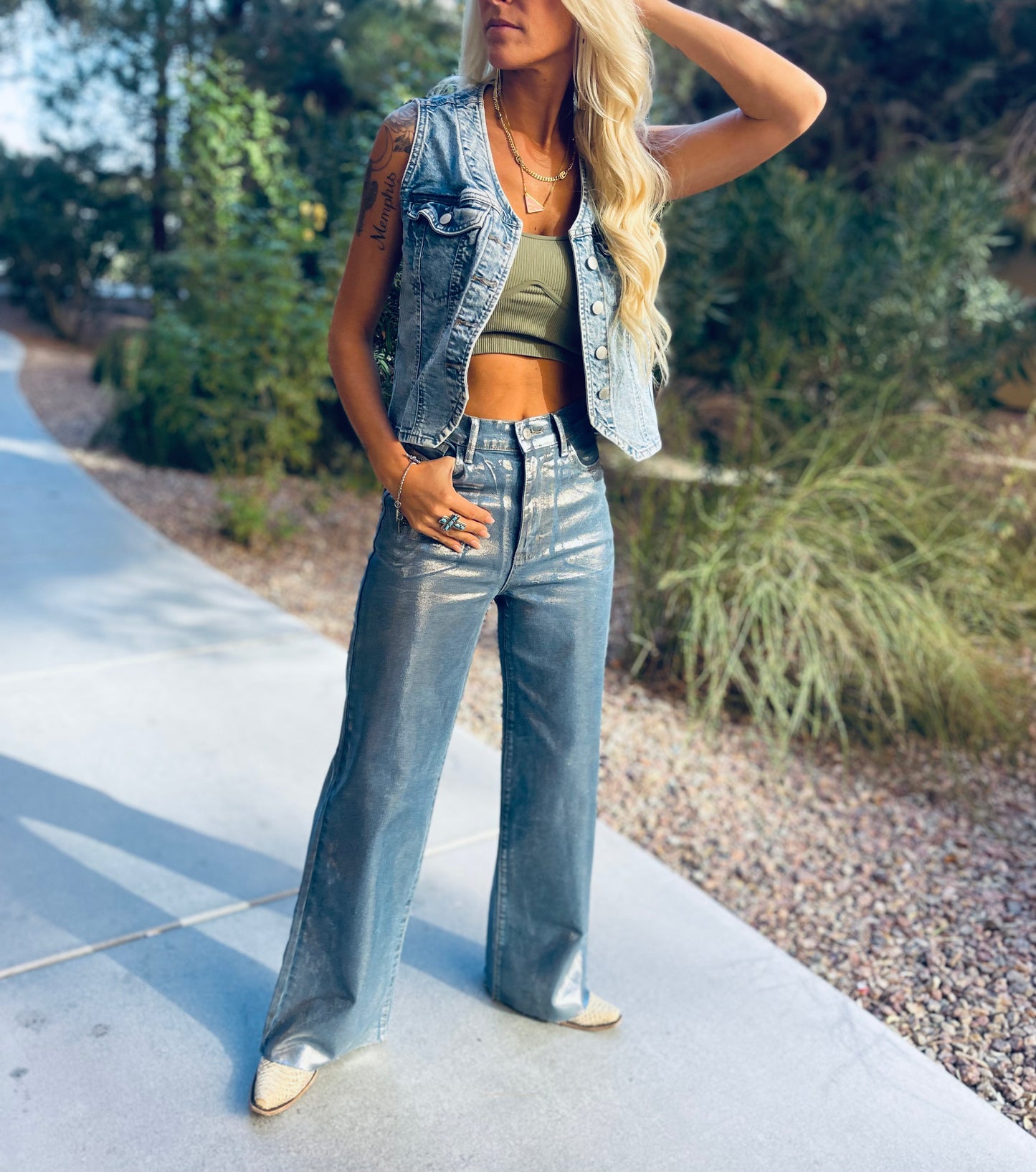 Sass Silver Foiled Wide Leg Denim Jean