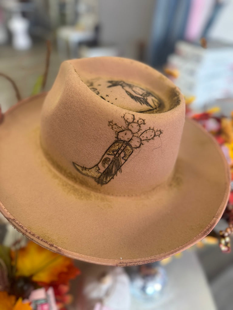 Custom Burned GIGI PIP Wide Brim Felt Fedora