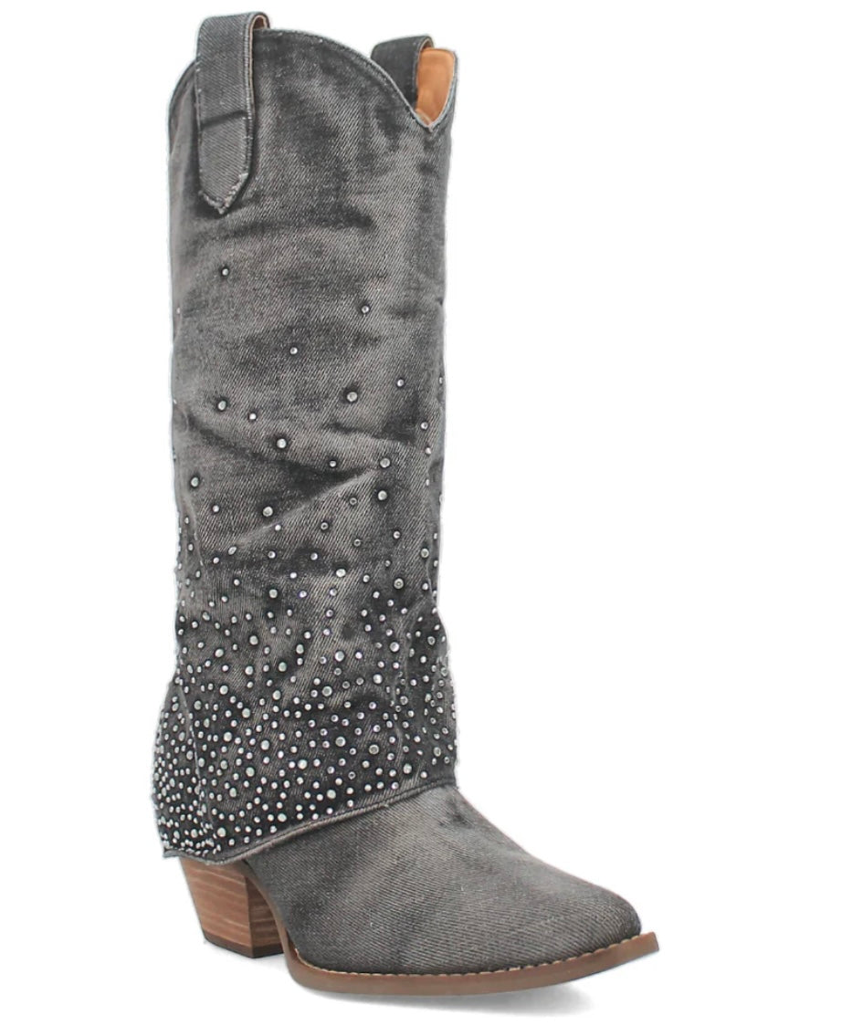 Dingo Eye Candy Denim Bling Boot- Black Acid Washed Denim