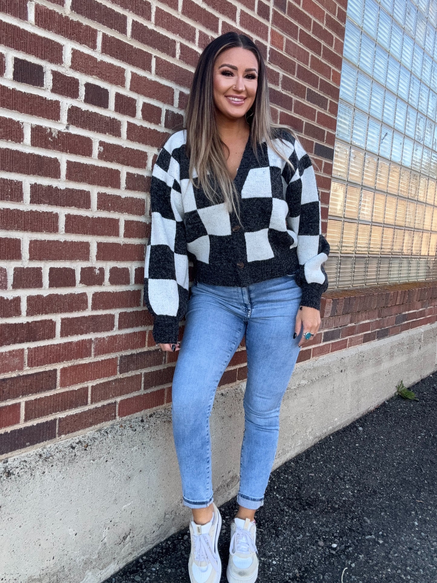 Check Me Out Checkered Button Cardigan Sweater