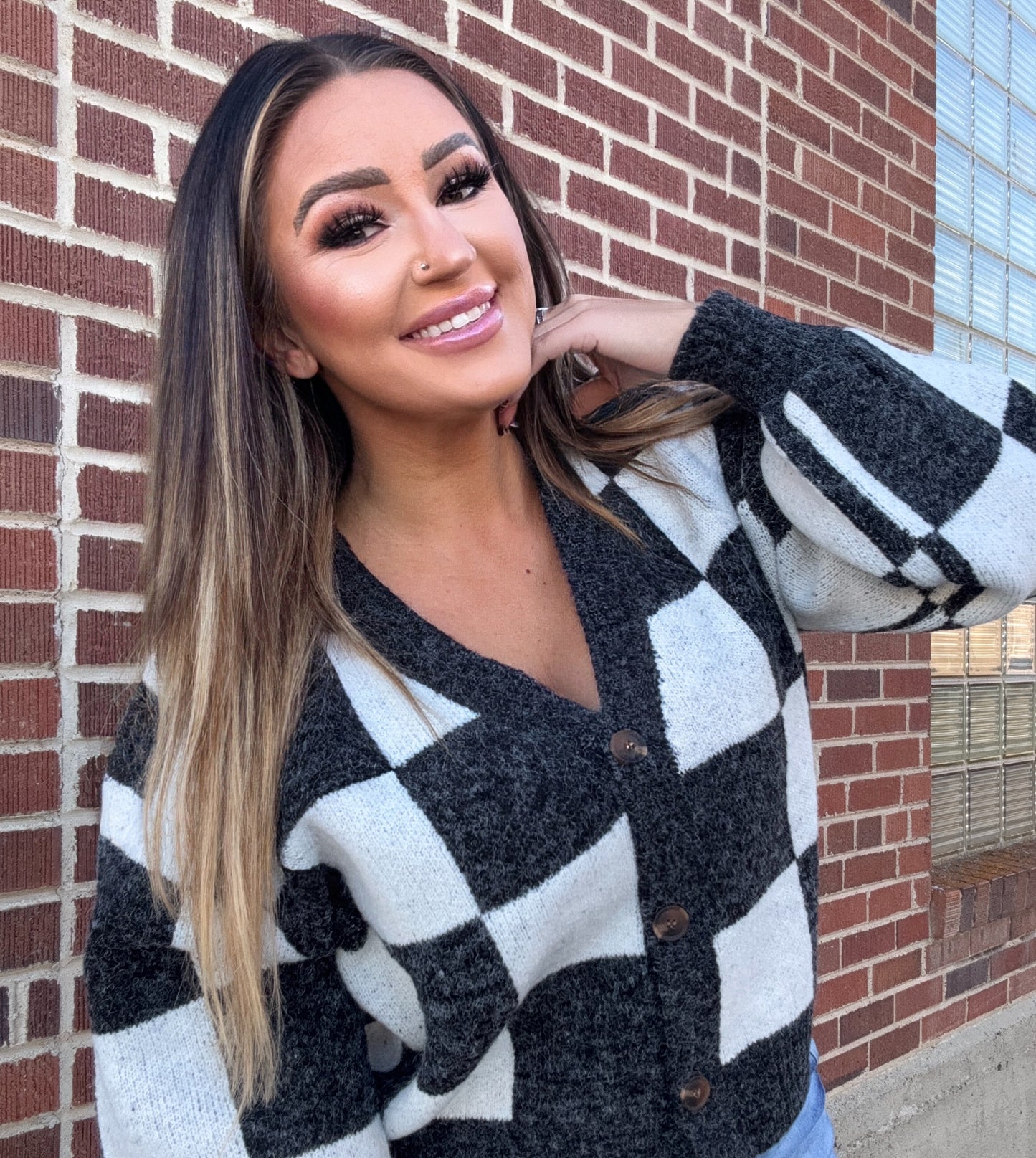 Check Me Out Checkered Button Cardigan Sweater
