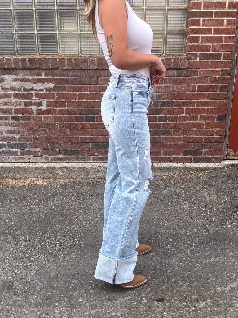 Callie Cuff Wide Leg Light Wash Denim Jeans
