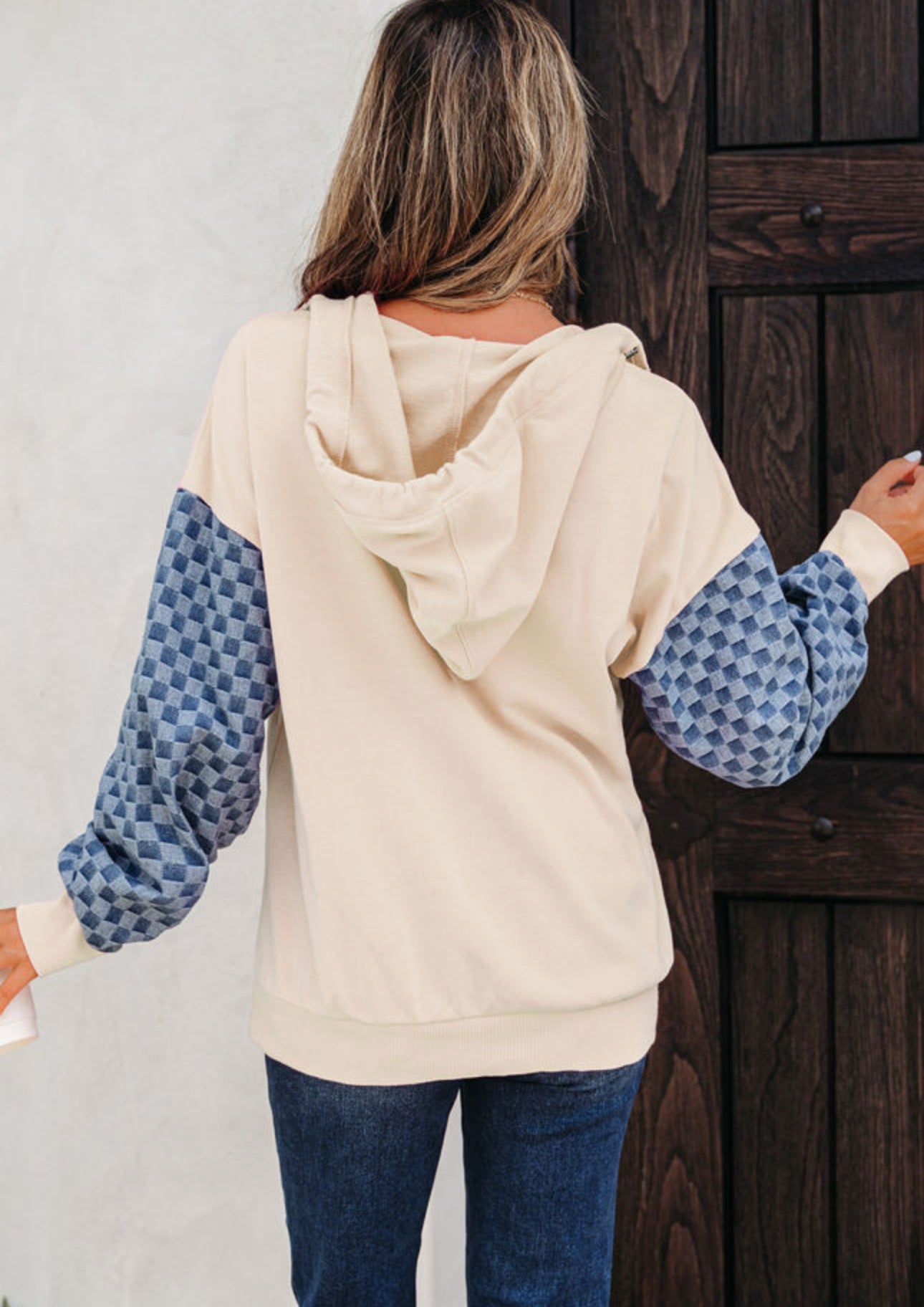 Checked In Denim Cozy Zip Up Sweater- Cream