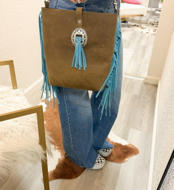 Handmade Leather Crossbody Bag- Turquoise Outlaw
