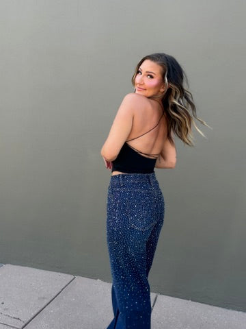 Luxe Iridescent Rhinestone Wide Leg Denim Pant