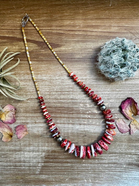 22 Inch red spiny and sterling silver pearls