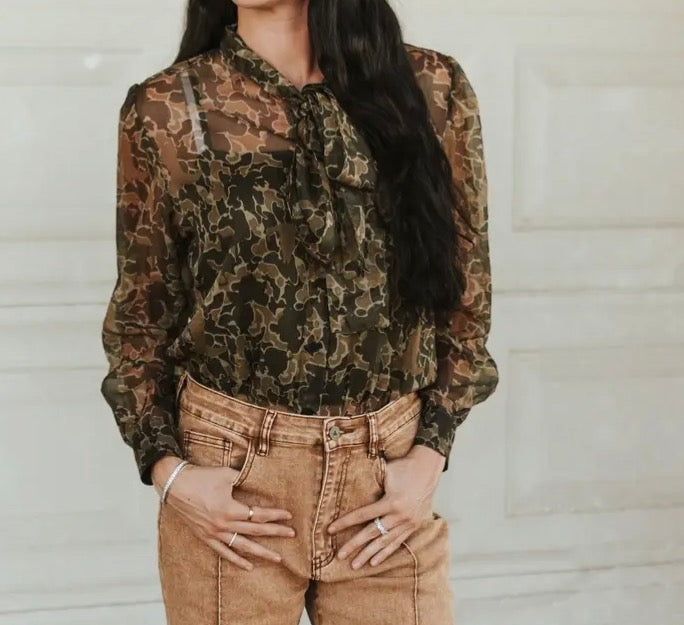 Camo Sheer Bow Tie Cowgirl Blouse