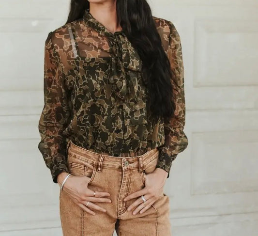 Camo Sheer Bow Tie Cowgirl Blouse