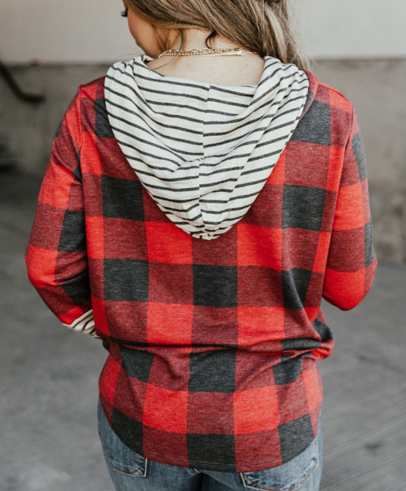 Wyo Buffalo Plaid Long Sleeve Patchwork Top- Festive Red