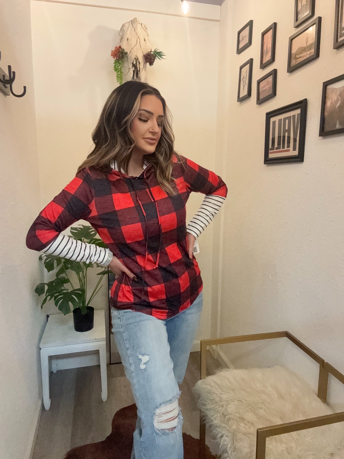 Wyo Buffalo Plaid Long Sleeve Patchwork Top- Festive Red