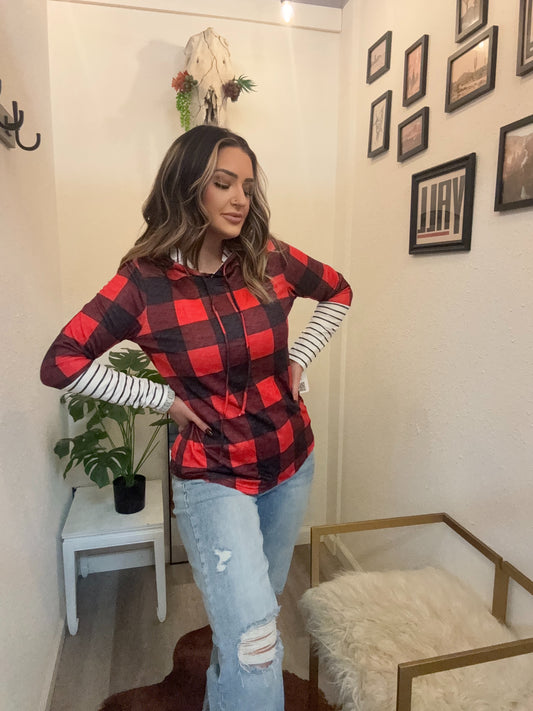 Wyo Buffalo Plaid Long Sleeve Patchwork Top- Festive Red