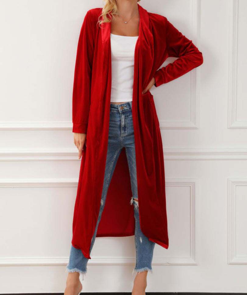 Vixen Velvet Long Line Cardigan- Ruby Red