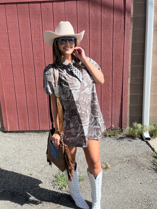 Ranchy Patterned Button Dress- Grey
