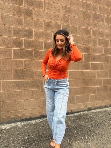 The Whiskey Textured V Neck Longsleeve Top- Rusted Orange