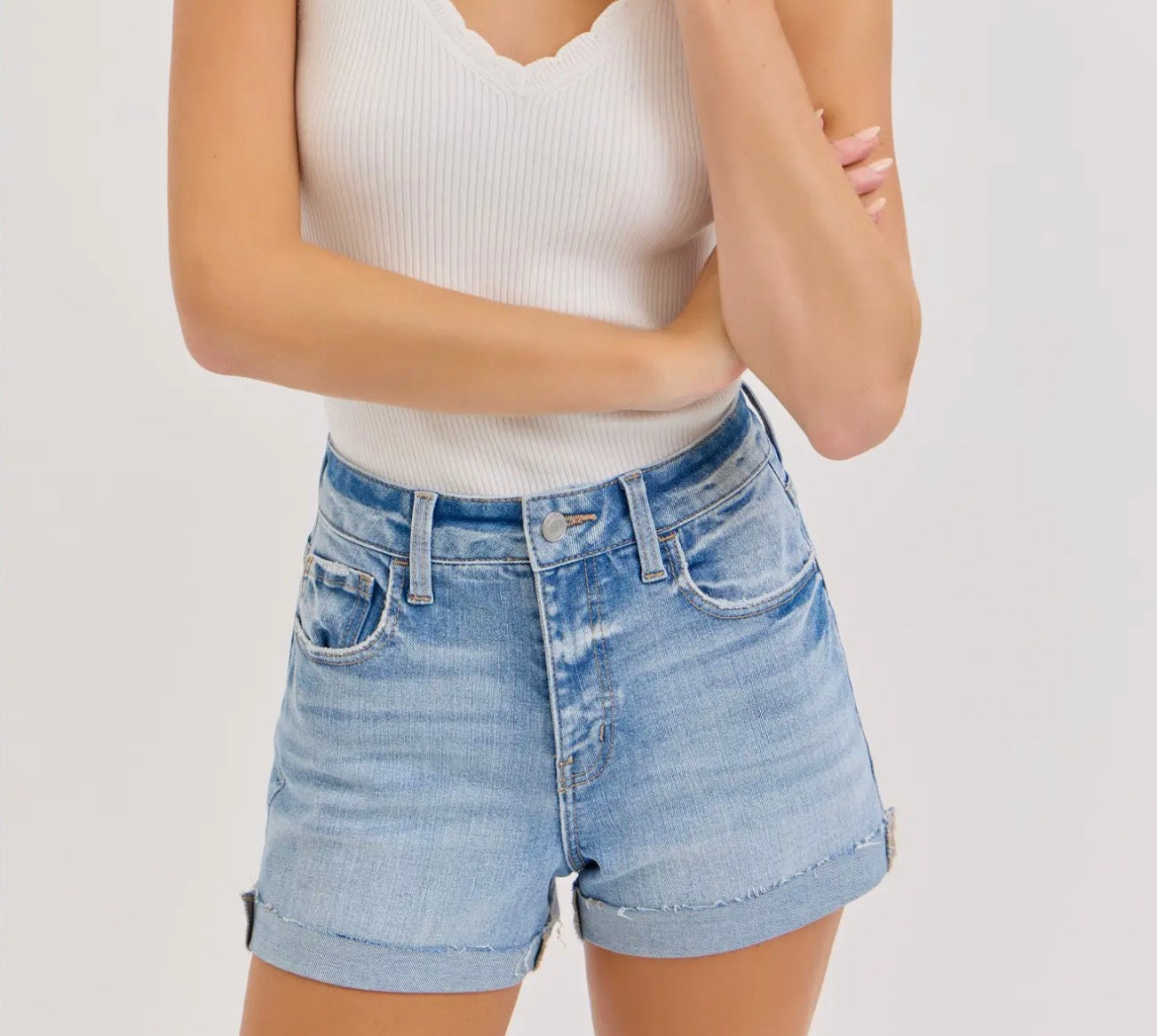 Saddle Up High Rise Light Wash Cut off Short