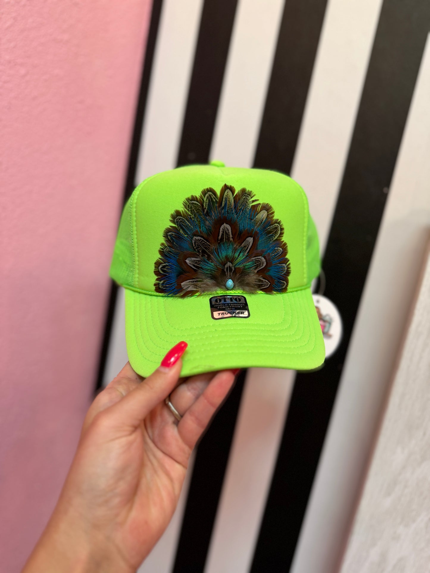 Elya Custom Feather Trucker Hat- Neon Green