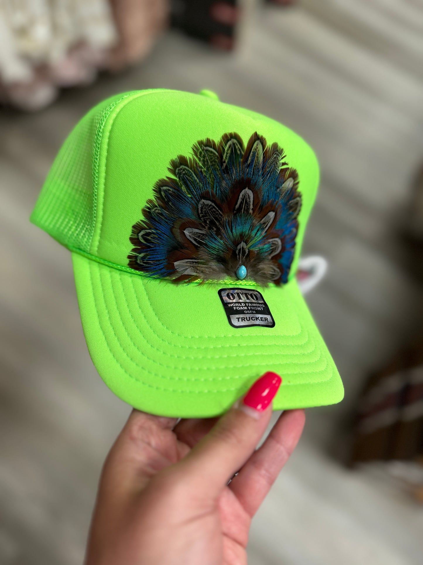 Elya Custom Feather Trucker Hat- Neon Green