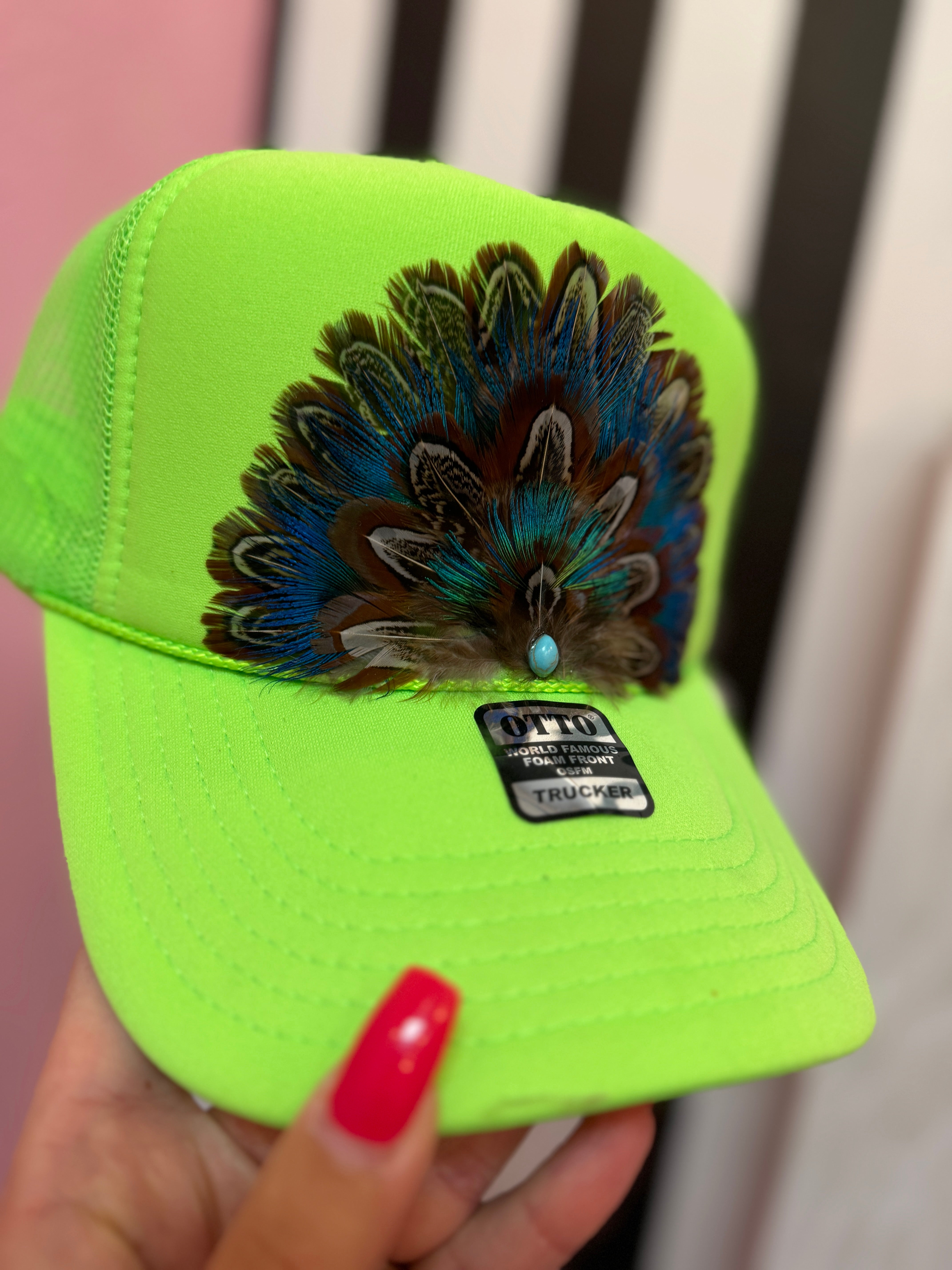 Elya Custom Feather Trucker Hat Neon Green