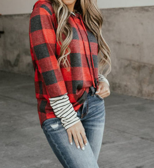 Wyo Buffalo Plaid Long Sleeve Patchwork Top- Festive Red