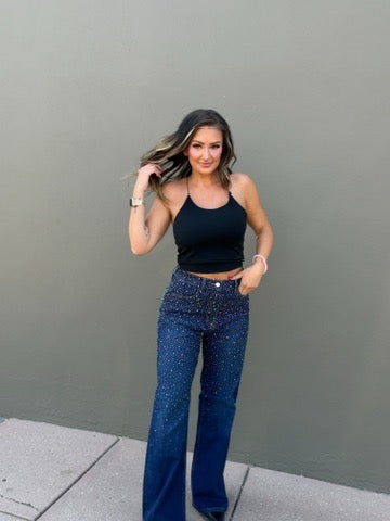 Luxe Iridescent Rhinestone Wide Leg Denim Pant