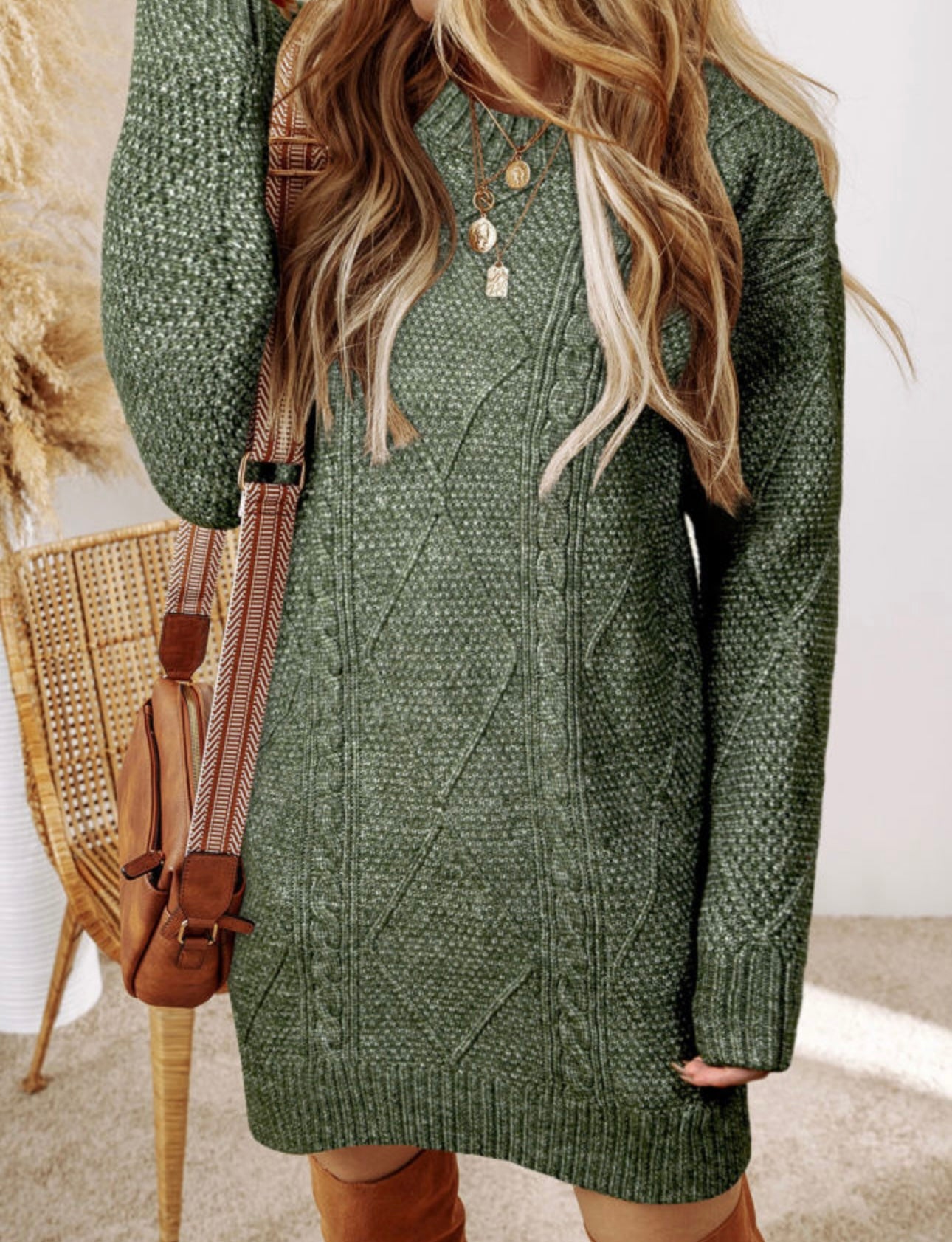 Mya Mist Green Cable Knit Sweater Dress