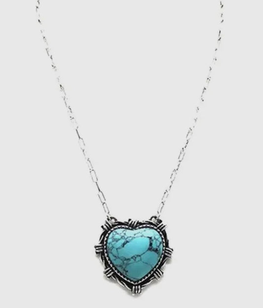 Turquoise Barbed Wire Heart Necklace