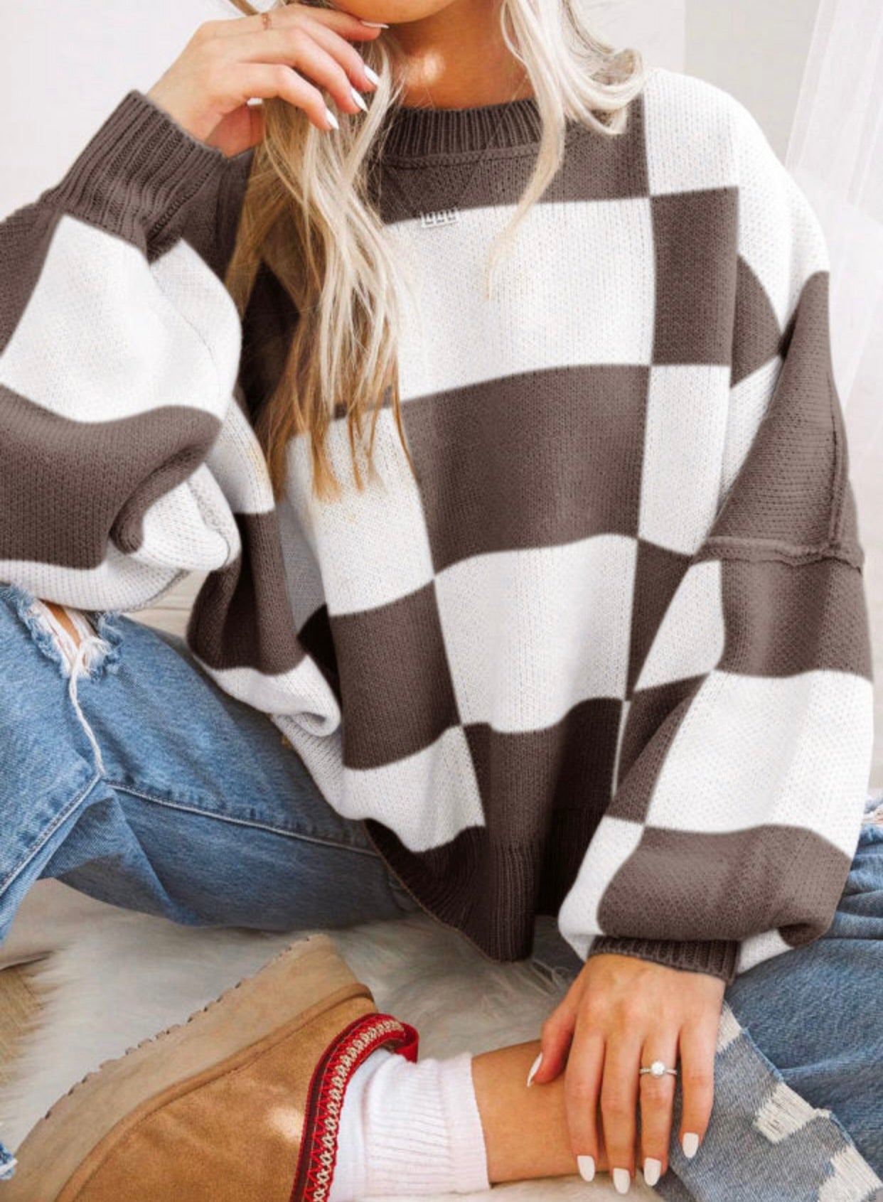 Checkered Cutie Knit Sweater- Mocha