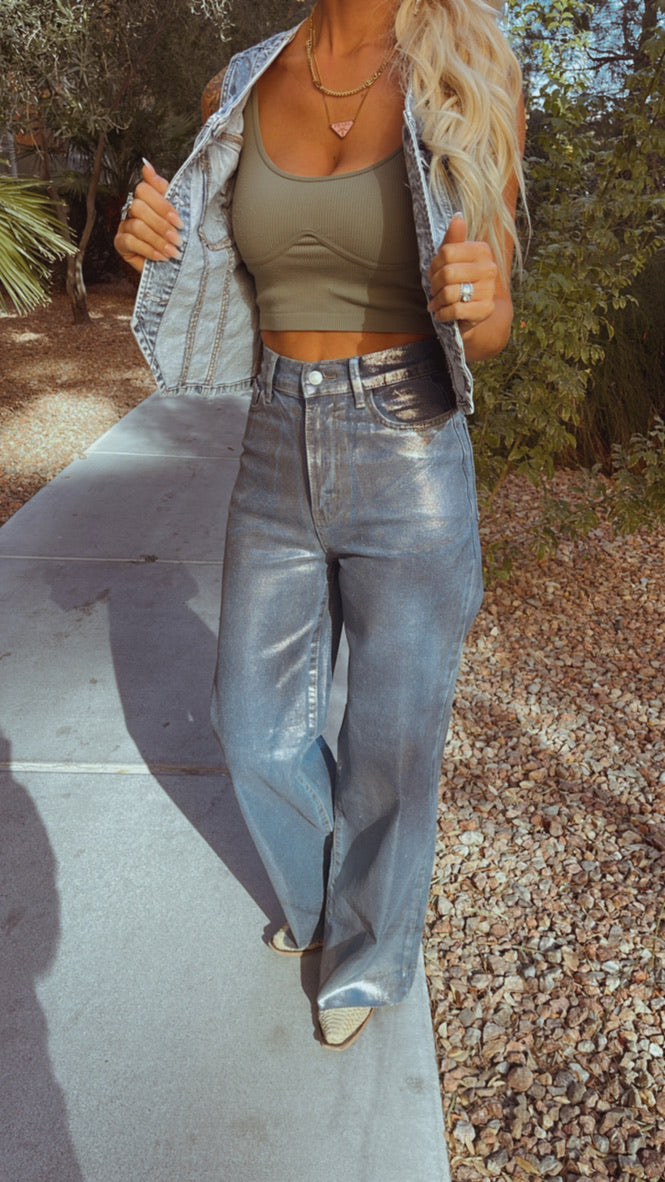 Sass Silver Foiled Wide Leg Denim Jean