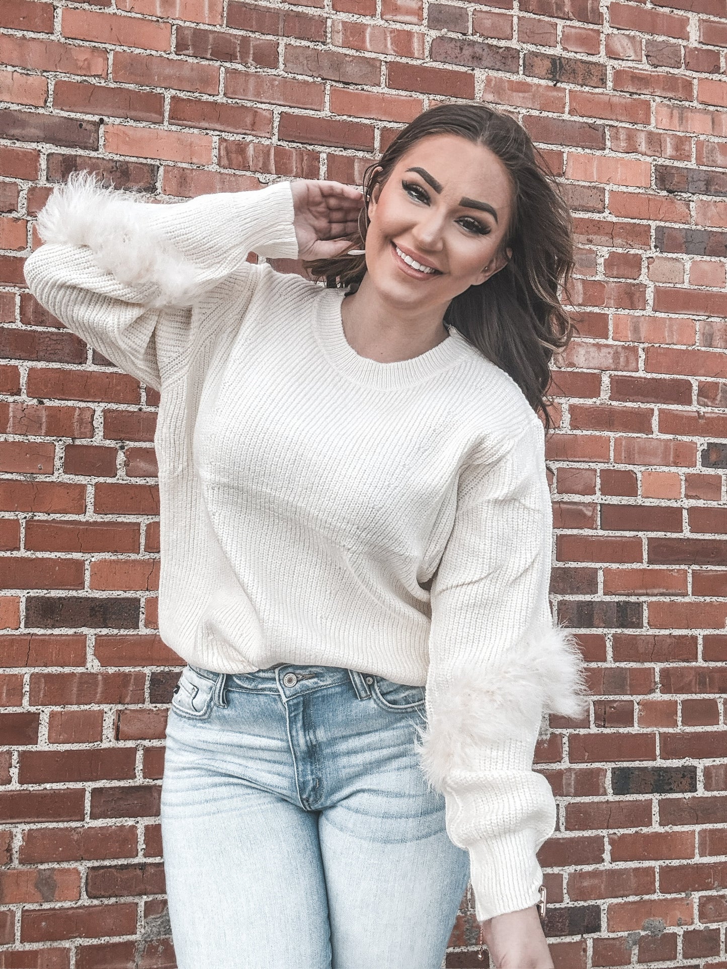 Kaylee Knit Feather Sweater- Cream
