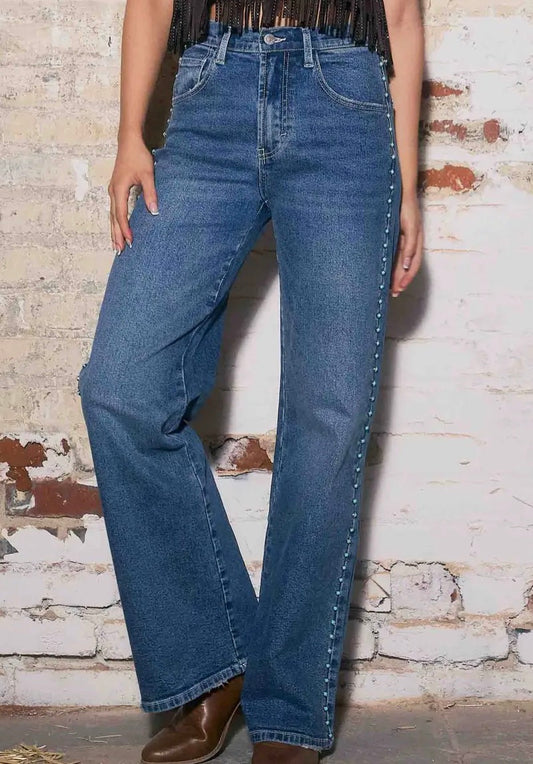 PREORDER Casey Turquoise Wide Leg Studded Denim Jeans- Med Wash
