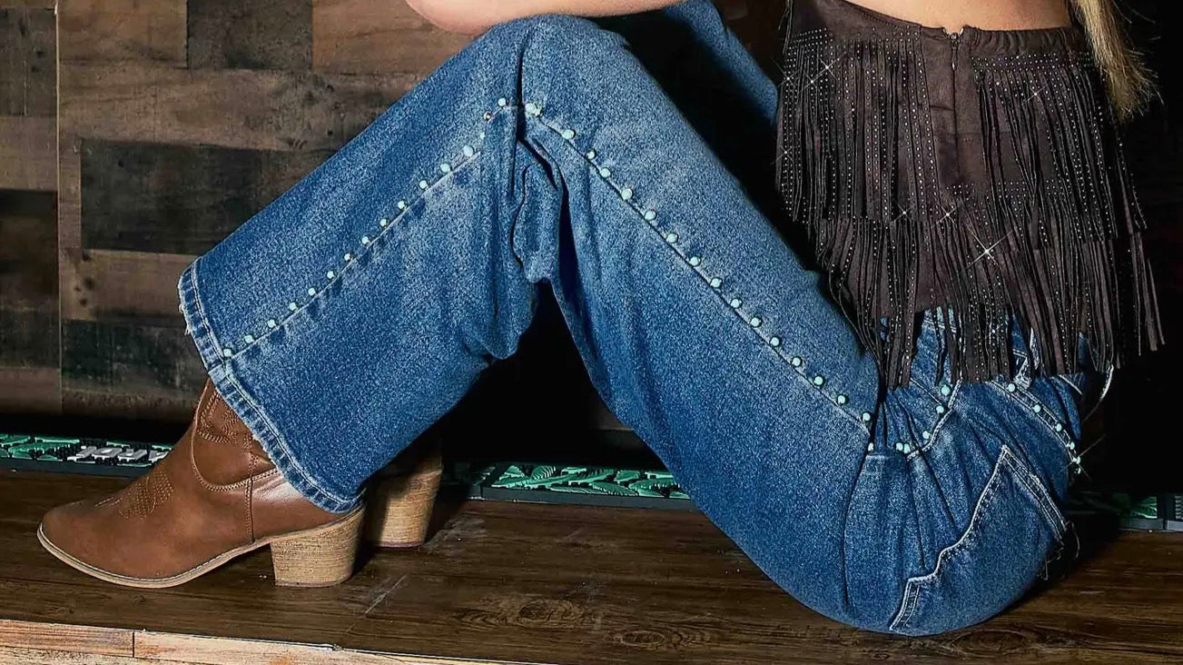 PREORDER Casey Turquoise Wide Leg Studded Denim Jeans- Med Wash