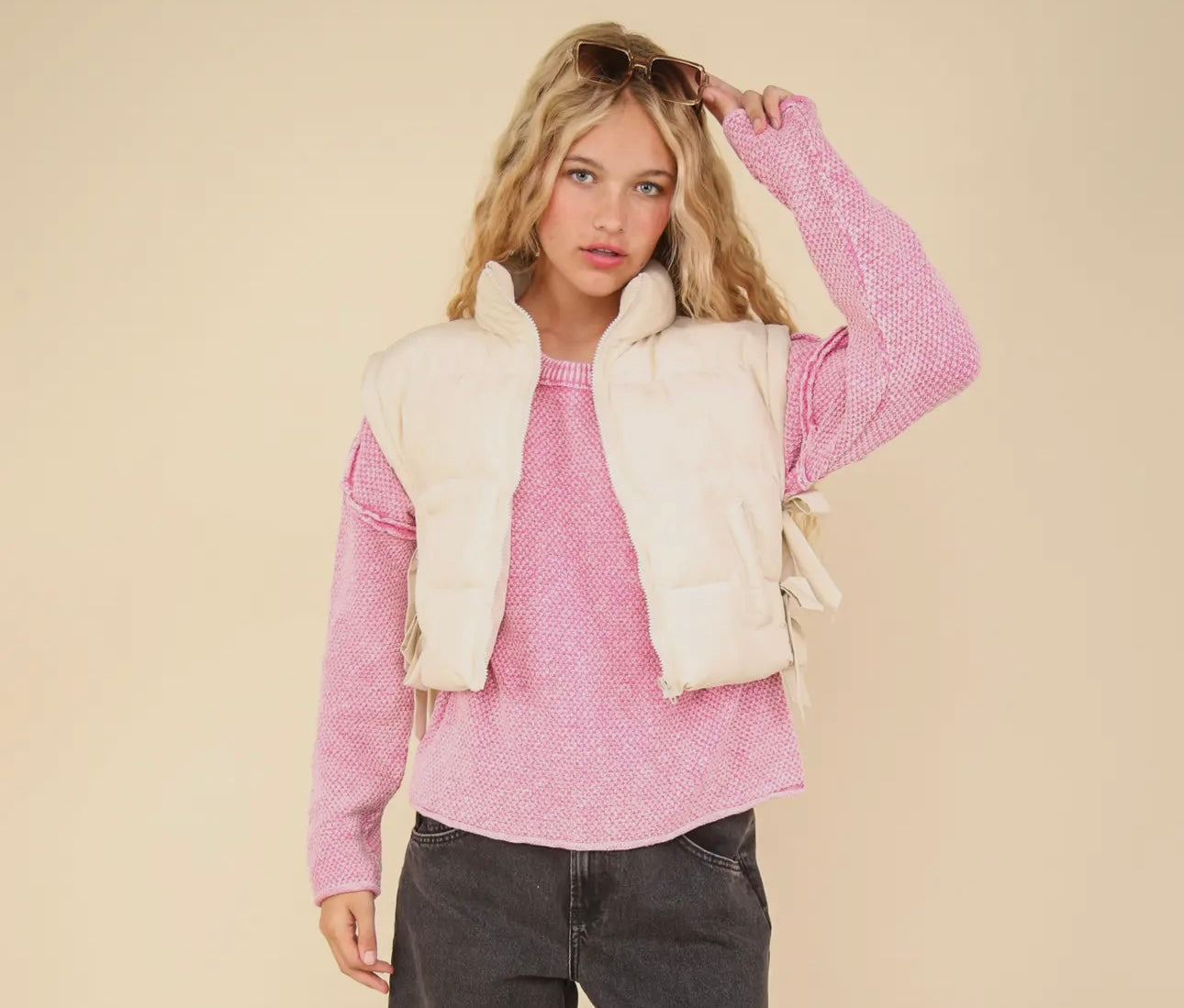 Chloe Bow Puffer Vest- Ivory