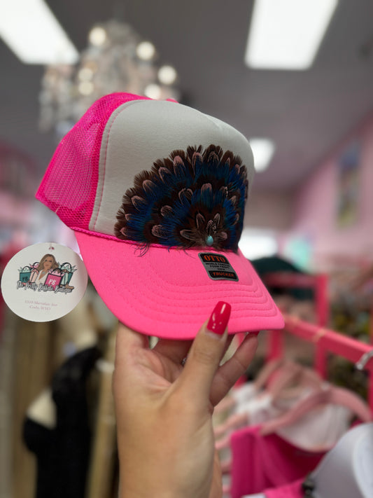 Elya Custom Feather Trucker Hat- Neon Pink