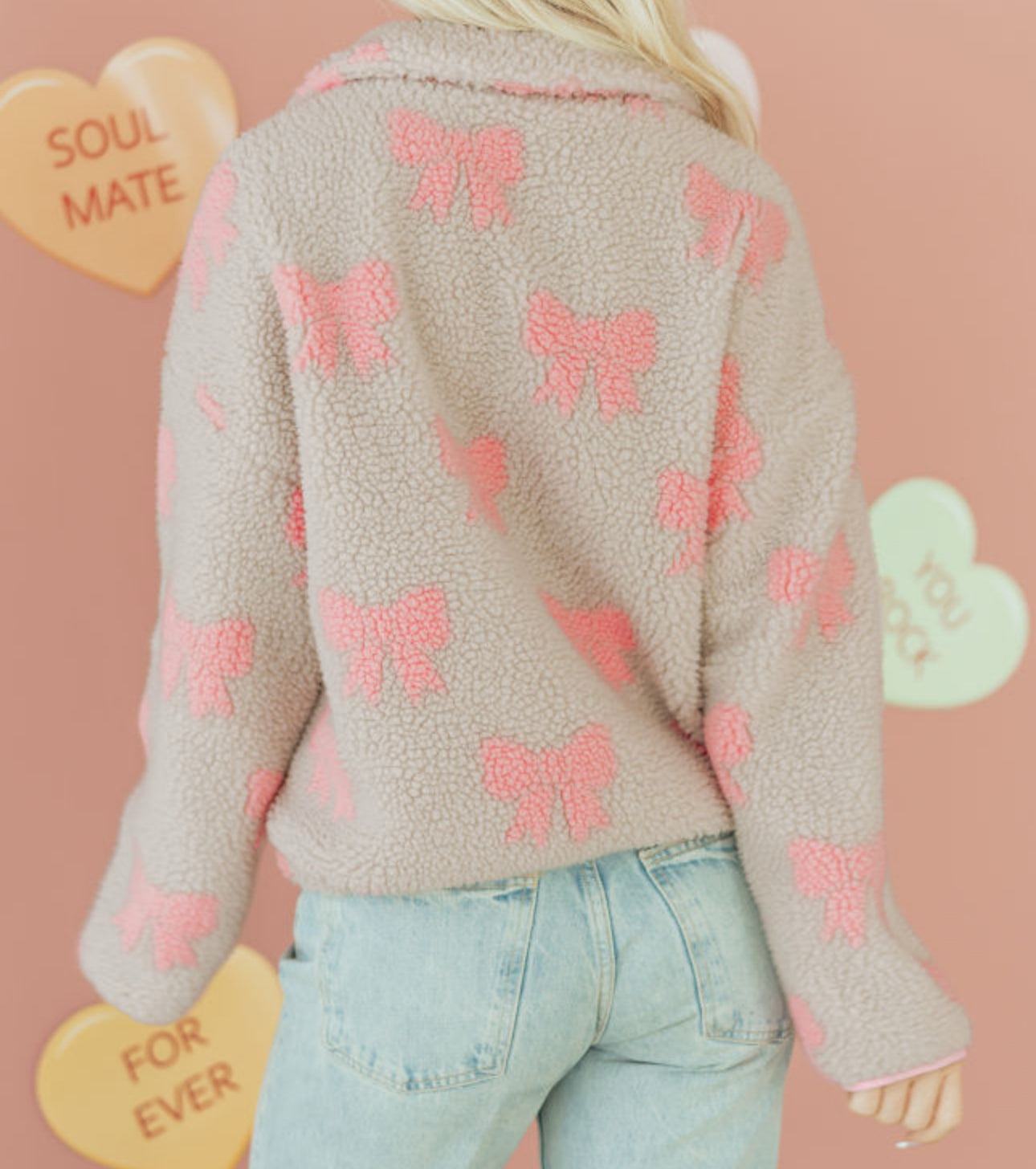 Brinley Bow Sherpa Half Zip Pull Over