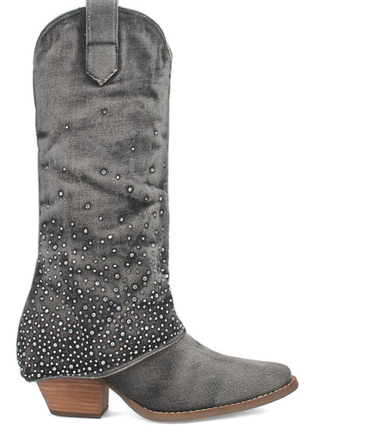 Dingo Eye Candy Denim Bling Boot- Black Acid Washed Denim