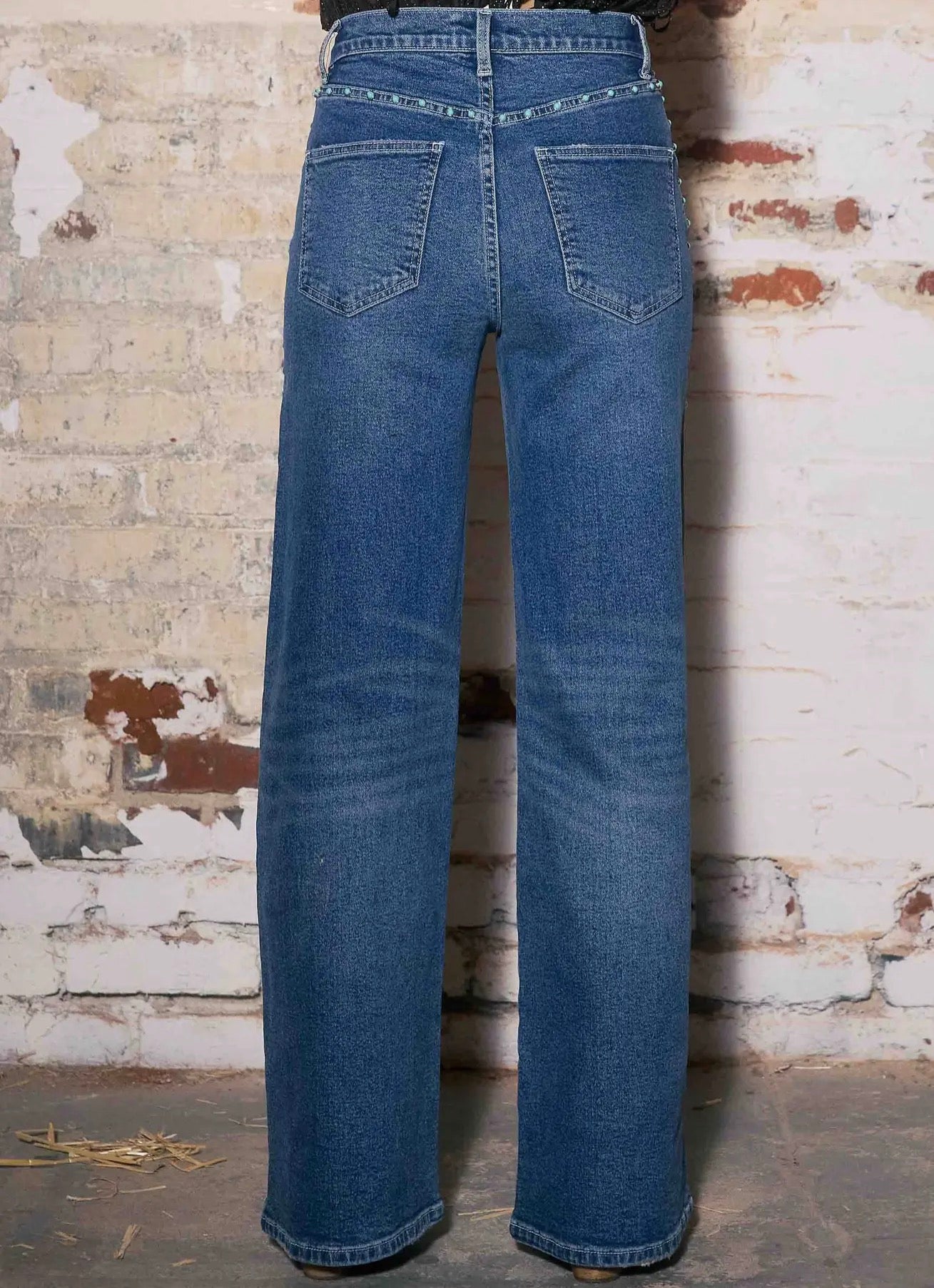 PREORDER Casey Turquoise Wide Leg Studded Denim Jeans- Med Wash