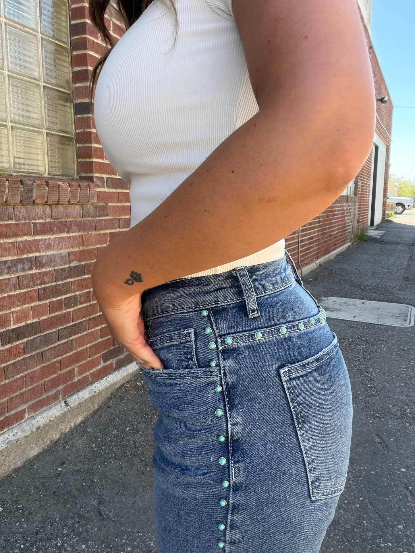 Casey Turquoise Wide Leg Studded Denim Jeans- Med Wash