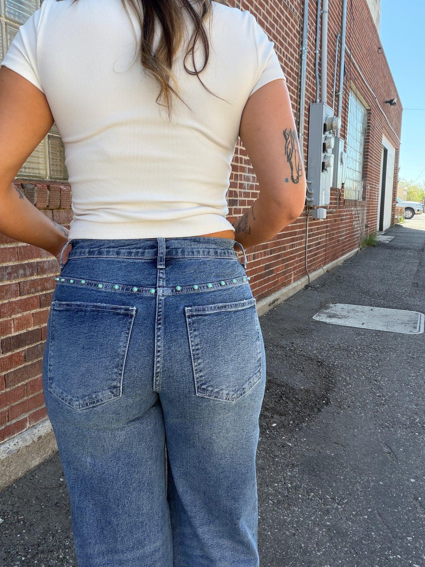 Casey Turquoise Wide Leg Studded Denim Jeans- Med Wash