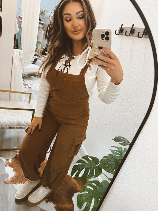 Espresso Cargo Corduroy Overalls