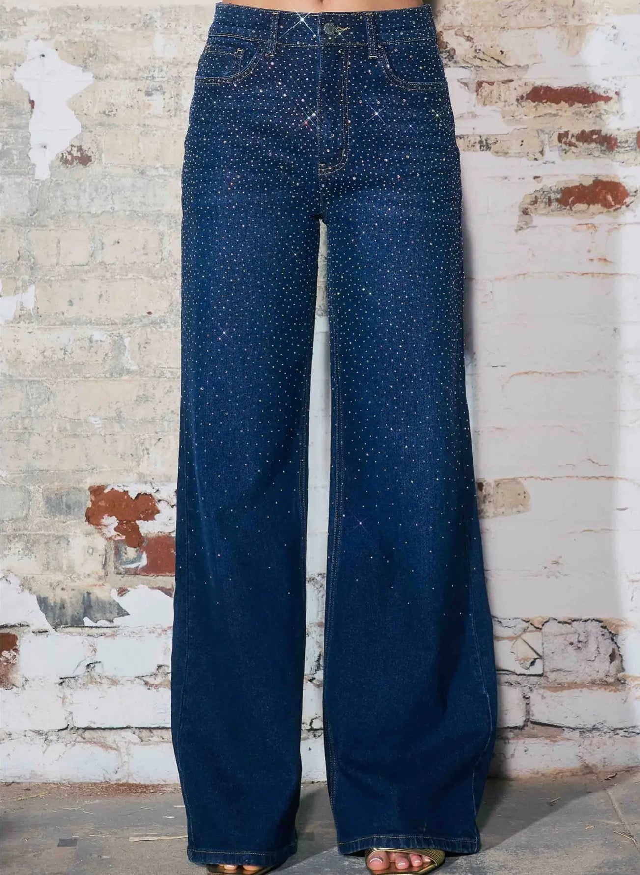 Luxe Iridescent Rhinestone Wide Leg Denim Pant