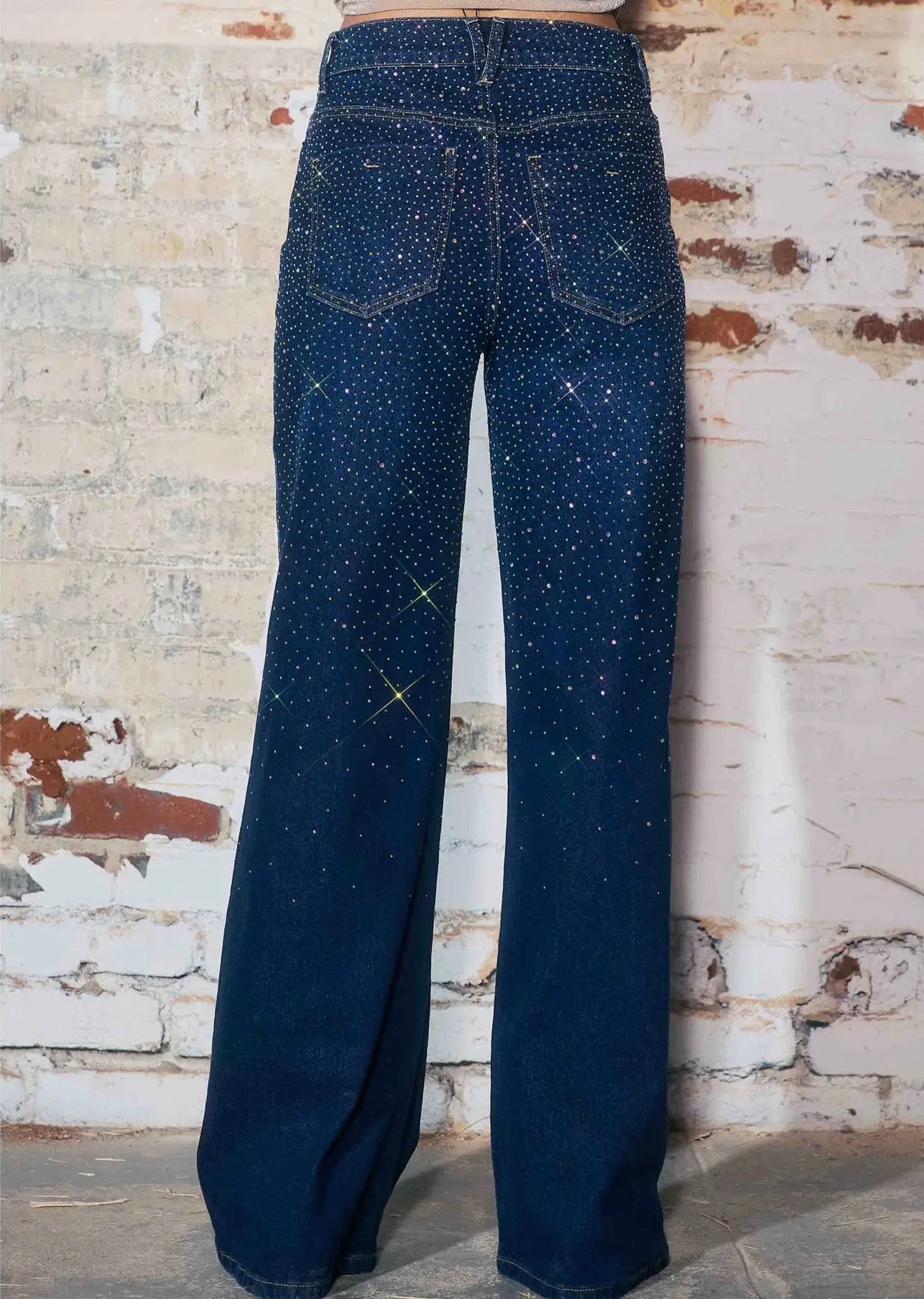 Luxe Iridescent Rhinestone Wide Leg Denim Pant